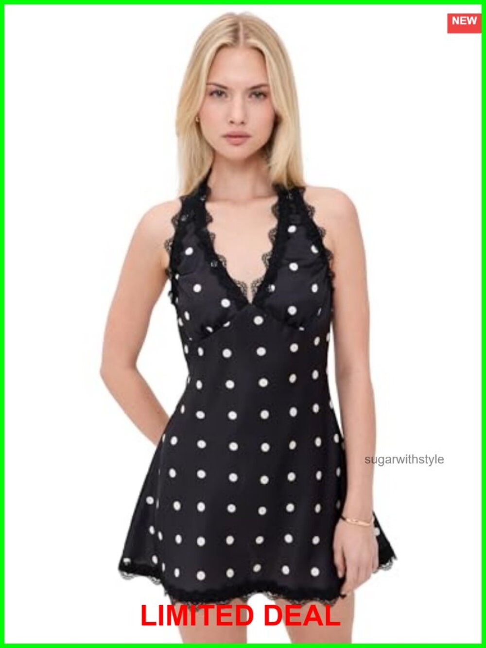 Lioness Satin Polka Dot Lace Trim Halter Mini Dress